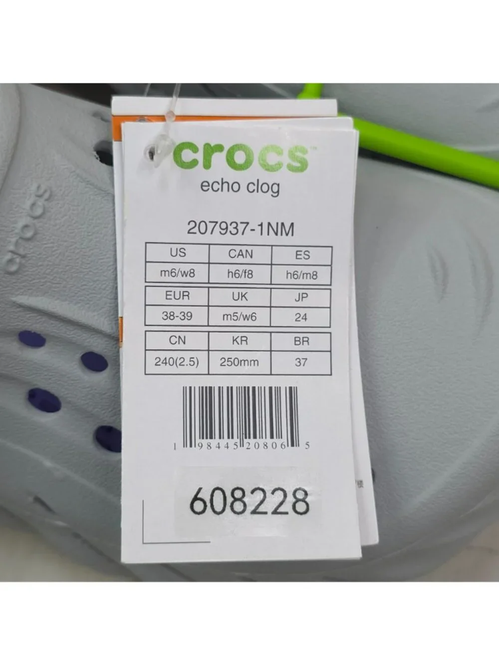Crocs Echo Clog Mens 6/Womens 8 Gray With Orange Straps & Purple Insole